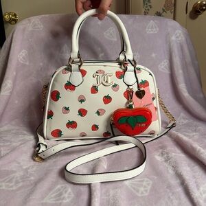 Juicy Couture White Strawberry Print Satchel with Red Strawberry Charm